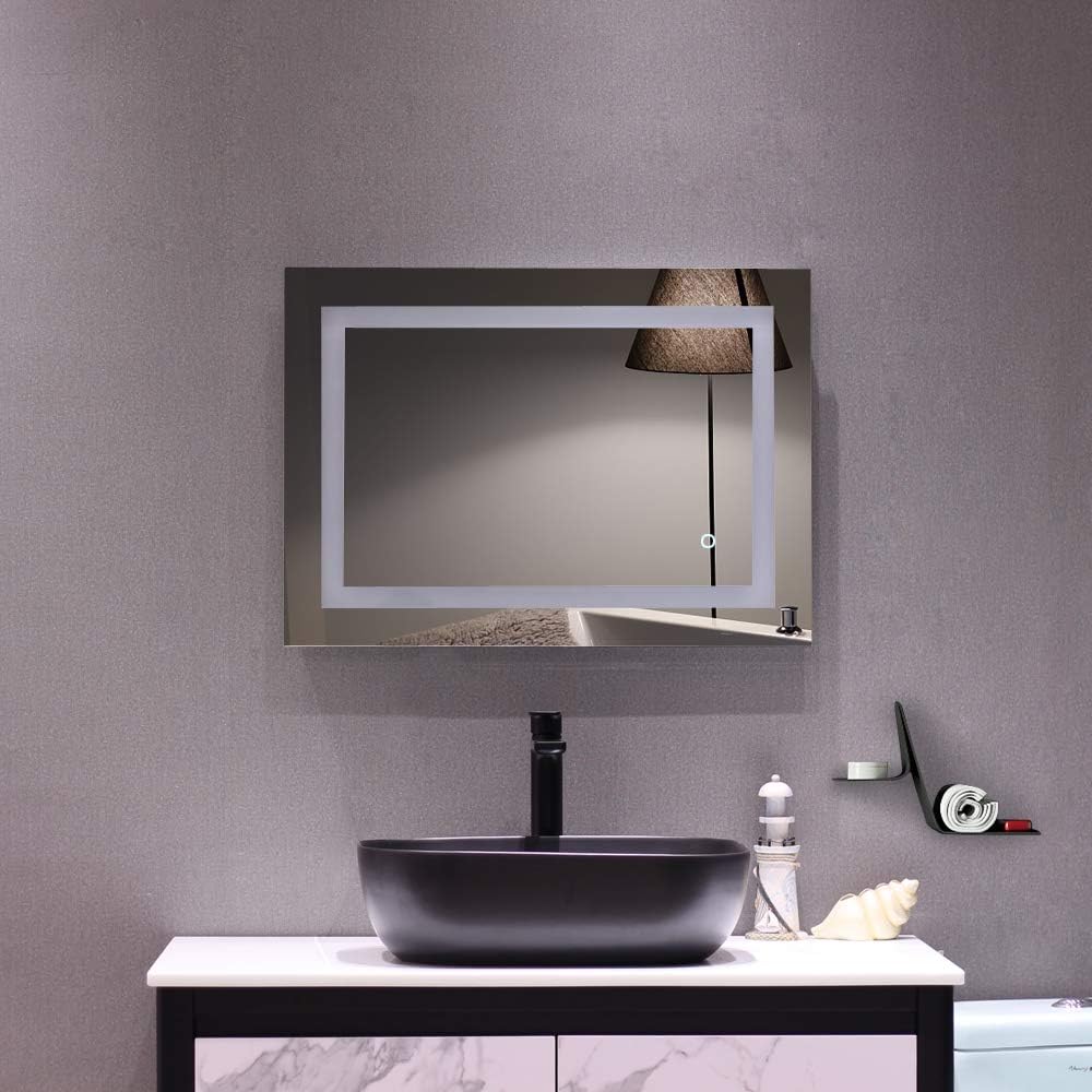 Tesmula gt2-LC – Espejo de baño con tira de luz cuadrada incorporada, 28 x 20 pulgadas, color plateado