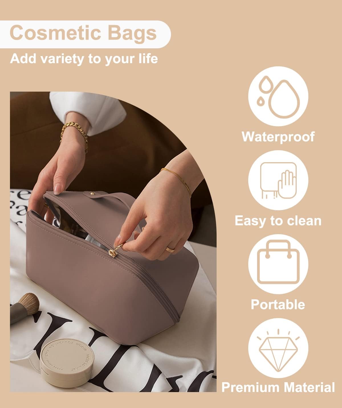 Bolsa de viaje cosmética de gran capacidad para mujeres, bolsa de maquillaje de cuero PU, bolsa de cosméticos grande, bolsa de maquillaje de viaje,