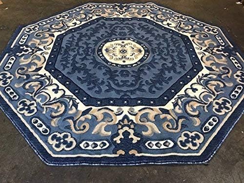 Alfombra tradicional octágona, azul, beige, azul marino, diseño 101 (5 pies 3 pulgadas x 5 pies 3 pulgadas)