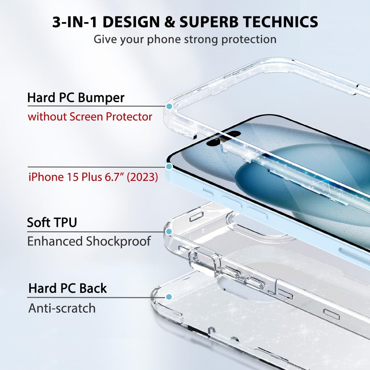 Btscase Funda para iPhone 15 Plus de 6.7 pulgadas (2023), patrón de mármol 3 en 1 resistente cuerpo completo a prueba de golpes PC duro + silicona