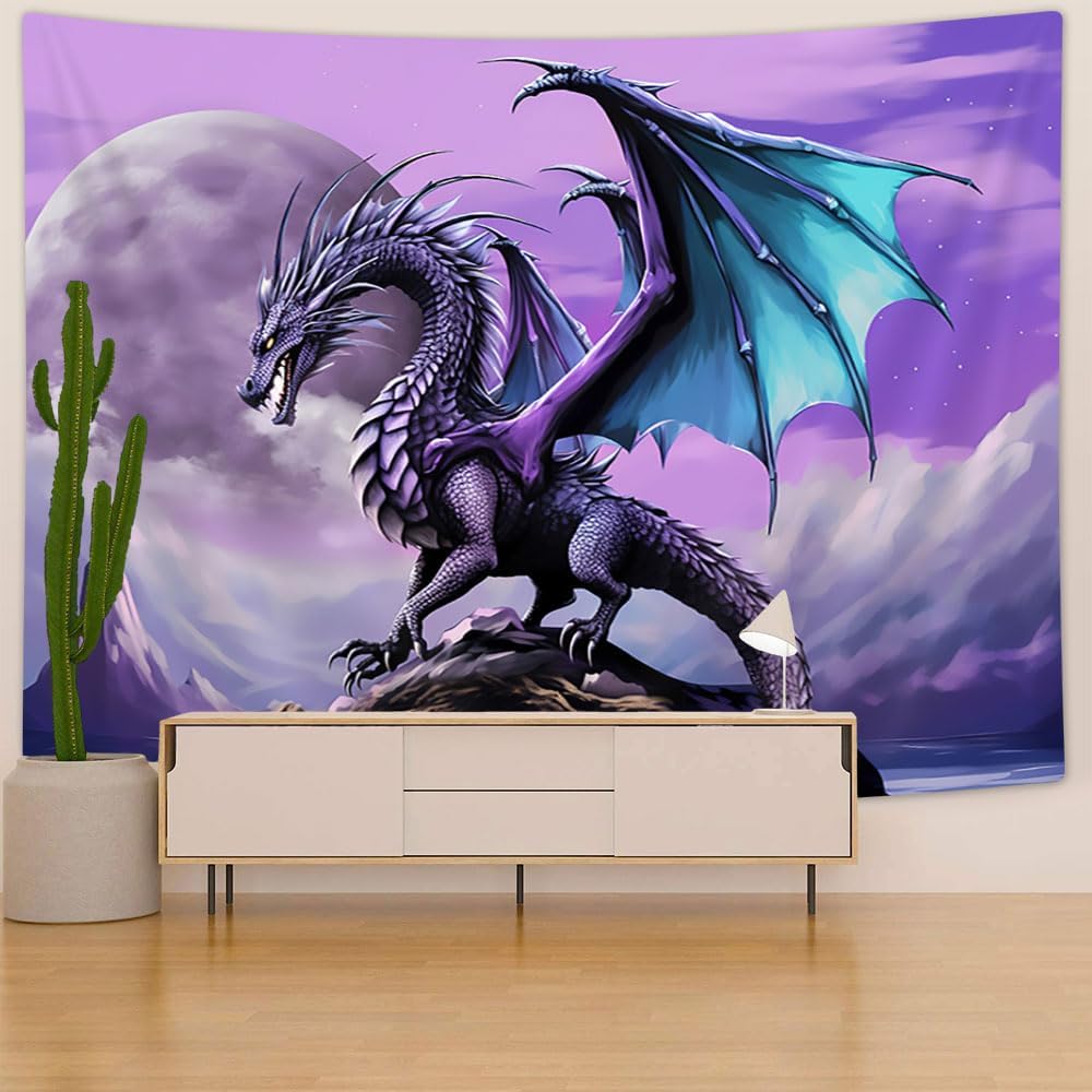 Tapiz de dragón púrpura Trippy, diseño de dragón psicodélico de la luna gótica anime en la montaña hippie Art Tapiz para dormitorio estético, tapiz