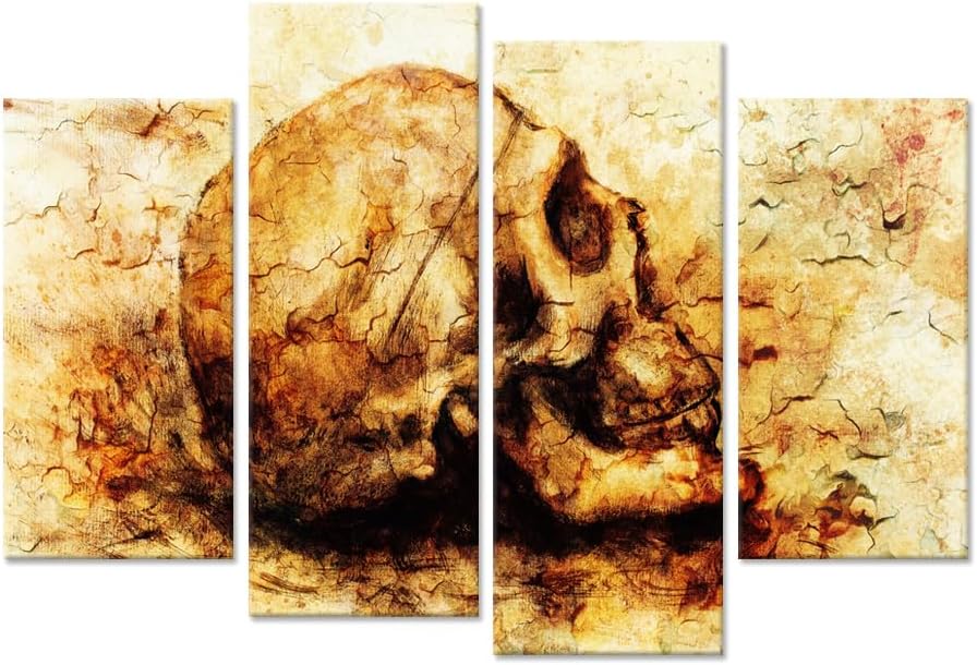 iHAPPYWALL Lienzo de calavera vintage para pared, diseño abstracto de cabeza de calavera sobre fondo amarillo, imagen de esqueleto humano sobre