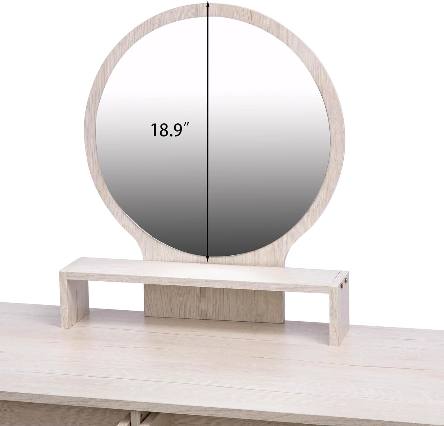 Mesa de tocador de maquillaje con espejo redondo grande, escritorio blanco con taburete acolchado, tocador de madera con 5 cajones y gabinete de
