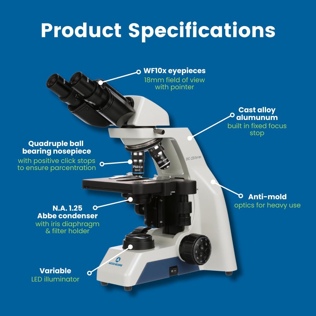 Microscopio compuesto EXC-120 de Accu-Scope – cabeza binocular, aumento 40-1000X, objetivos del acromato, etapa mecánica