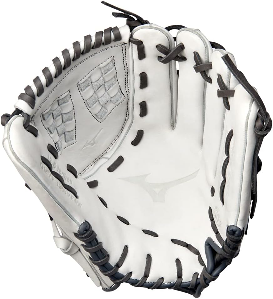Mizuno GMVP1250PF4W MVP Prime Fastpitch – Guante de sóftbol de 12.5 pulgadas, Trident Web, lanzamiento a mano derecha, blanco-gris