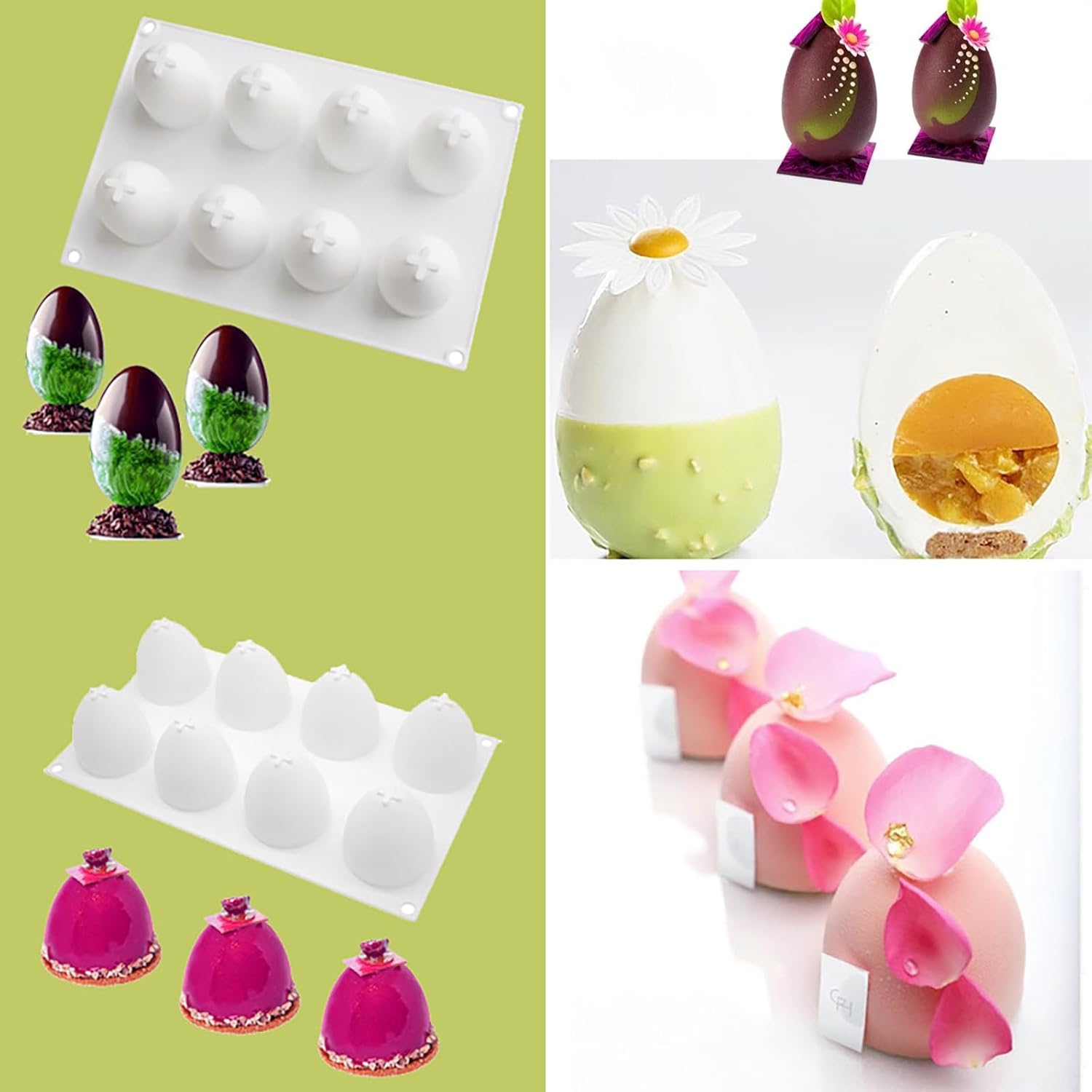 Moldes de silicona para huevos de Pascua 3D con 8 cavidades para velas, mousse, pastel, chocolate, dulces, pastelería, jabón, muffins, postre,