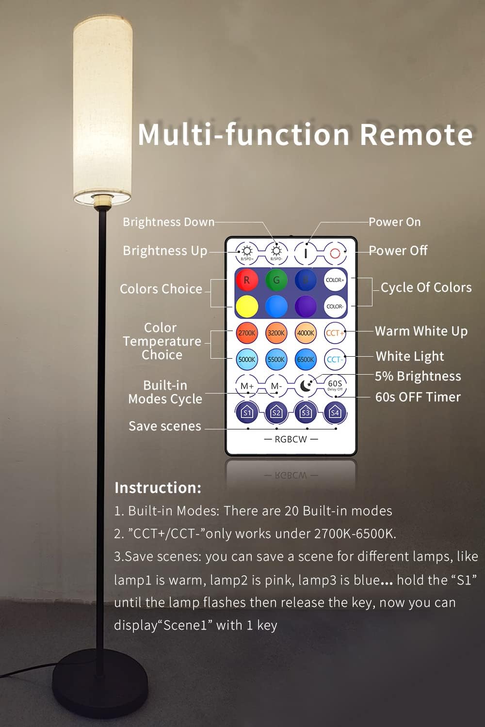 Lámpara de pie inteligente funciona con Alexa y Google Home, cambio de color, regulable sin escalones para sala de estar, modernas lámparas WiFi de