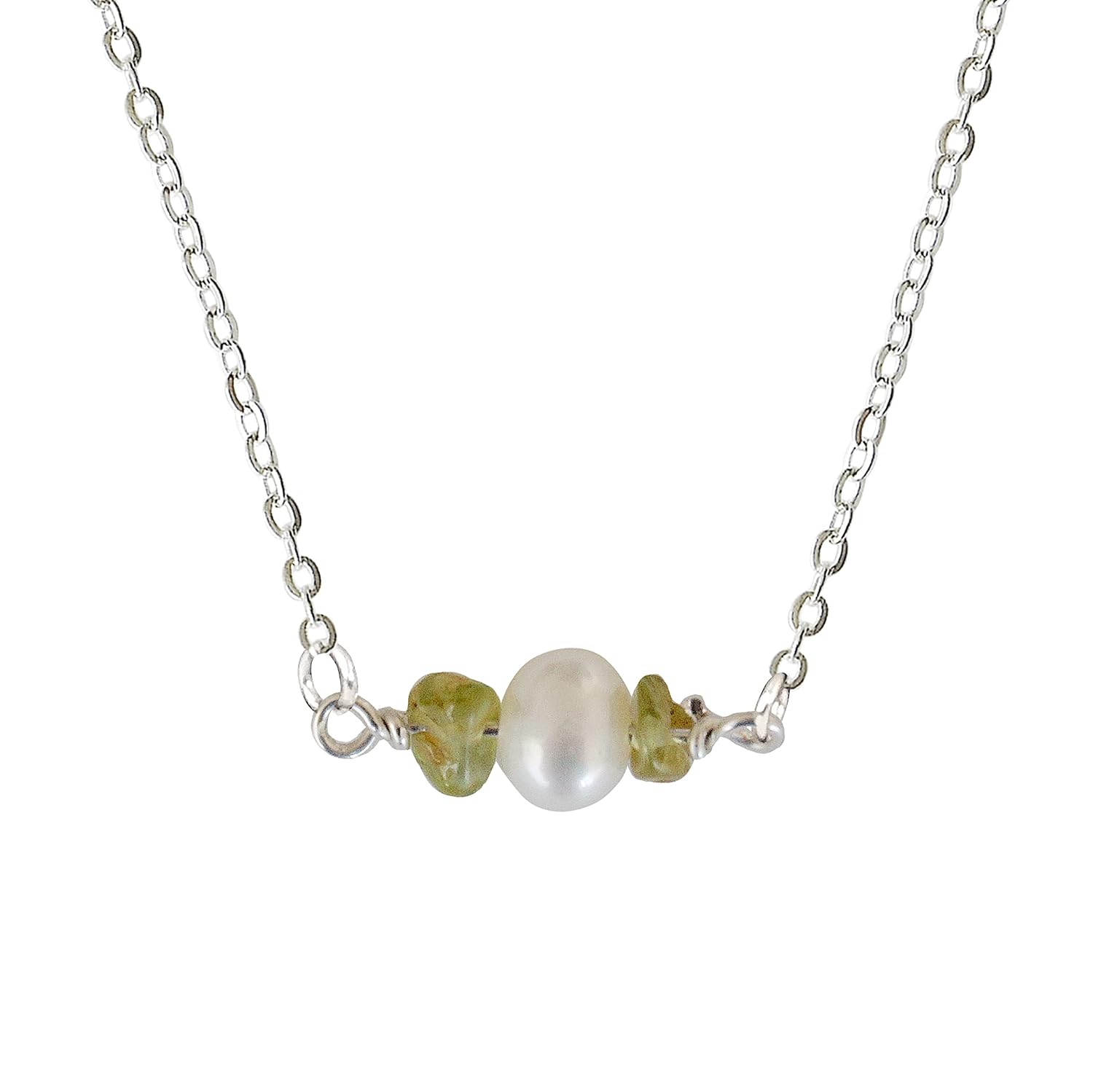 Designs by Nature Gems Handmade Womens Peridot & Pearl Charm Necklace 20-22 inch Adjustable Chain Sterling Silver, August & June Birthstone