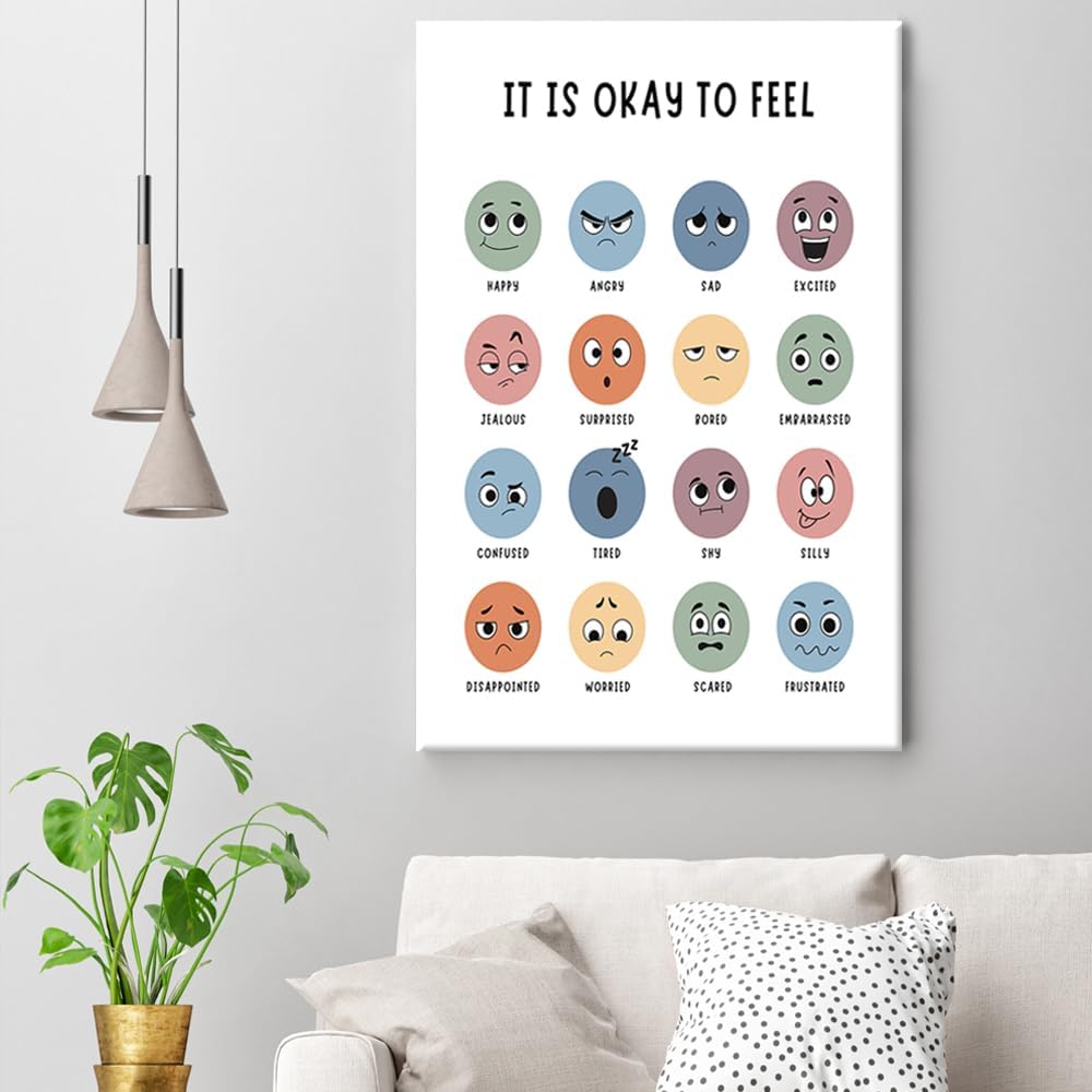 BFADMN Lienzo bohemio con texto en inglés It Is Okay To Feel, arte para pared de salud mental, decoración de sala de juegos, póster de arte infantil