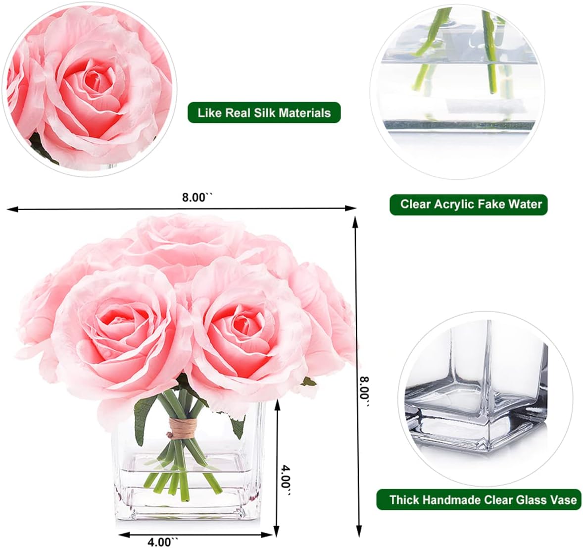 rubystory 7 rosas artificiales de tallo grande en jarrón, rosa falsa con flores falsas en jarrón para decoración del hogar, mesa de boda (rosa)