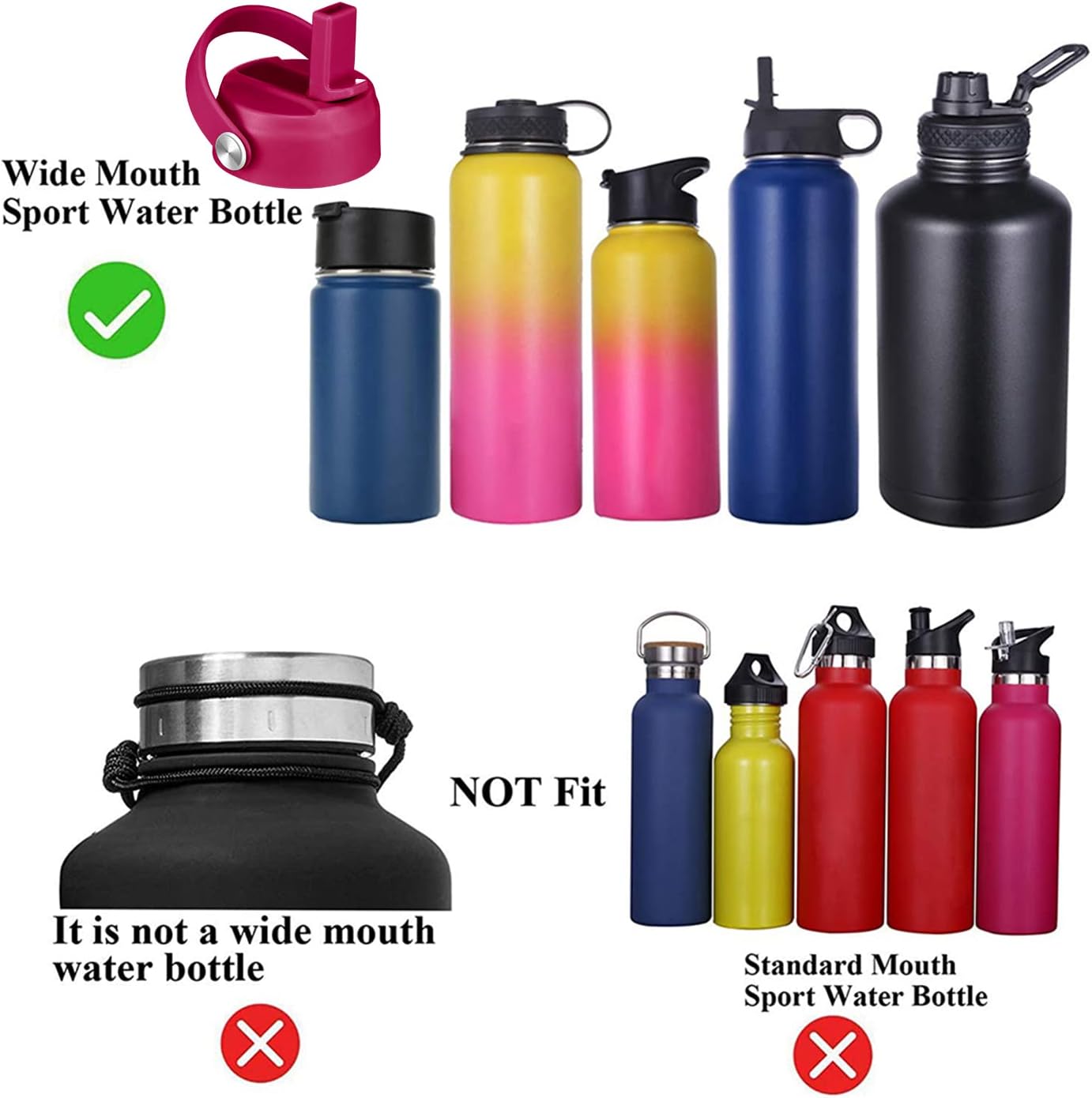 CHEETAH Tapa de popote de repuesto para Hydroflask de boca ancha de 12, 16, 18, 20, 32, 40, 64 onzas, con popotes, cepillo, compatible con otras