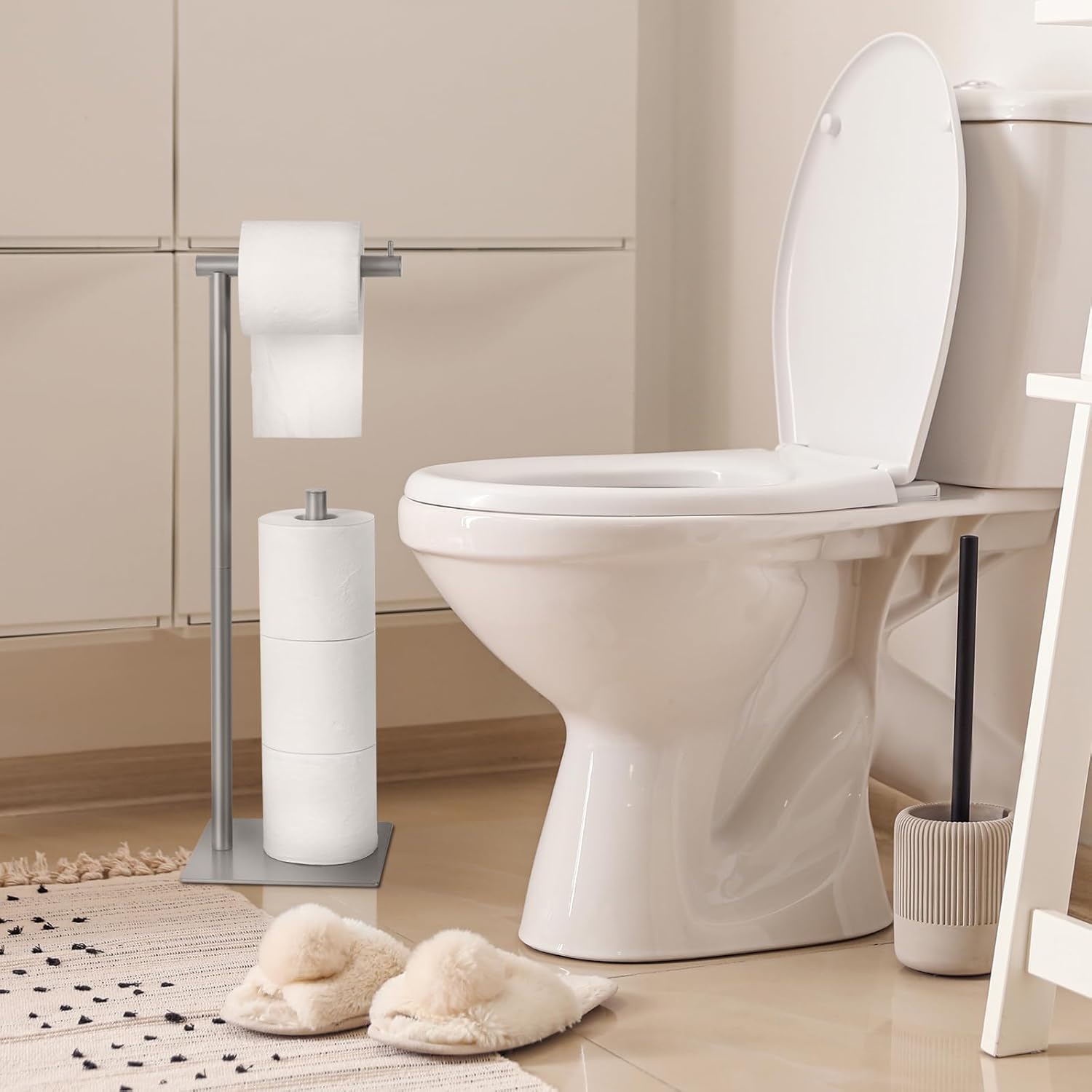 Soporte de papel higiénico plateado para baño, soporte de papel higiénico independiente con estante de almacenamiento de papel higiénico de reserva,