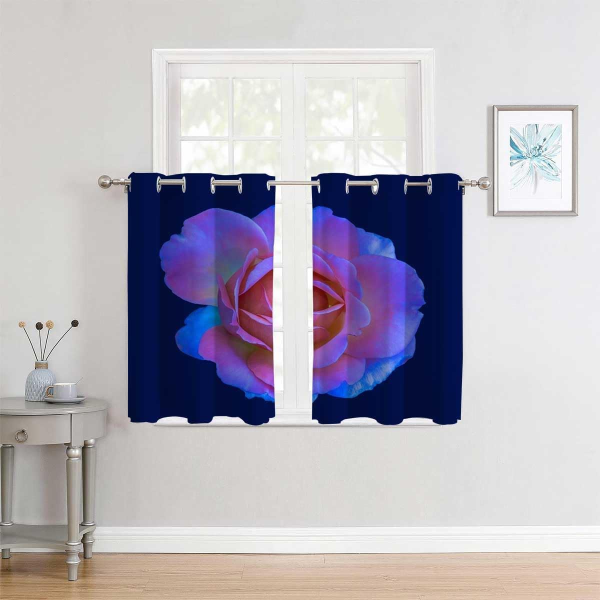 YANFENQI Cortinas para Habitacion Deep Blue Flower Grommet Short Door Curtain Panels Acoustic Fabric 55Inch Width by 55Inch Length,2 Panels
