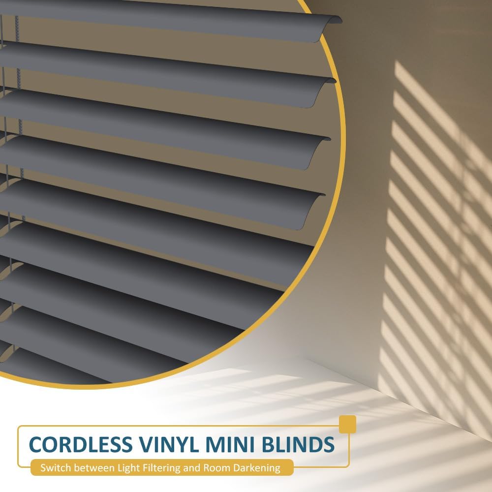 KCO Mini persianas para ventanas, persianas horizontales sin cordones para ventanas, persianas venecianas de vinilo anti-UV, impermeable, ajuste de