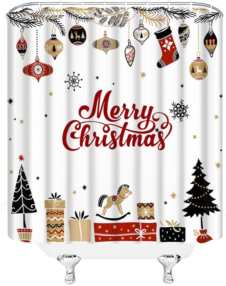 Cortina de ducha con diseño de árbol de Navidad, diseño de copos de nieve, juego de cortina de baño de tela con ganchos