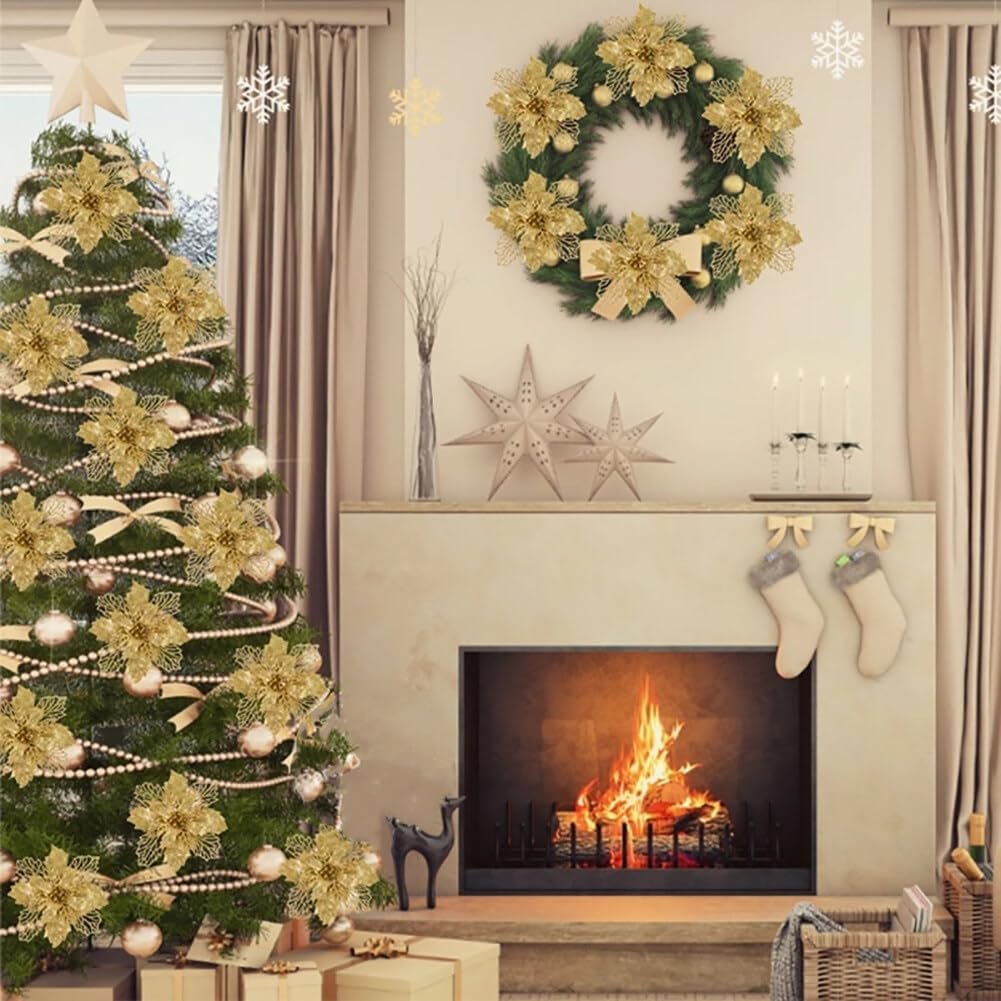 10 flores artificiales de Navidad de flor de pascua, lentejuelas con purpurina, adornos para árbol de Navidad, decoraciones de flor de pascua para