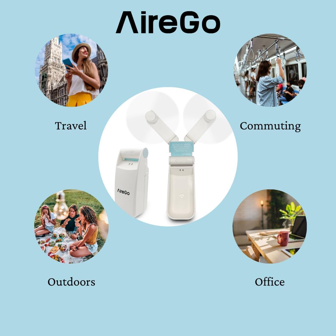 AireGo Mini ventilador de mano portátil, plegable, batería recargable por USB, dos velocidades de viento, viajes, al aire libre, deportes, oficina