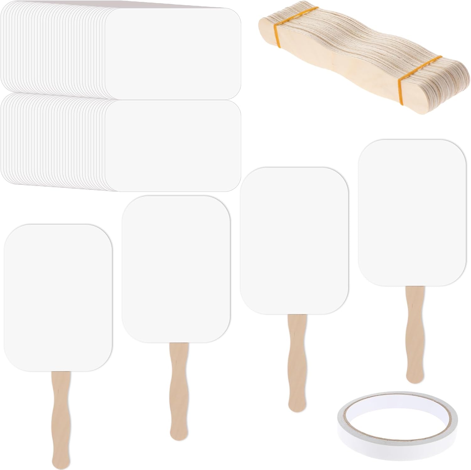 TaoBary Abanicos de papel para bricolaje, juego de abanicos de iglesia, mango de abanico, palos de madera ondulados con cinta de cartulina blanca en