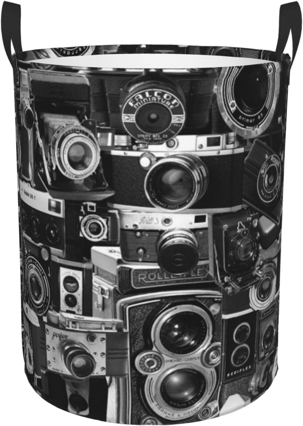 Cesta de ropa redonda impresa para cámara vintage, cesta de ropa impermeable con asas, bolsa de ropa circular de almacenamiento mediano