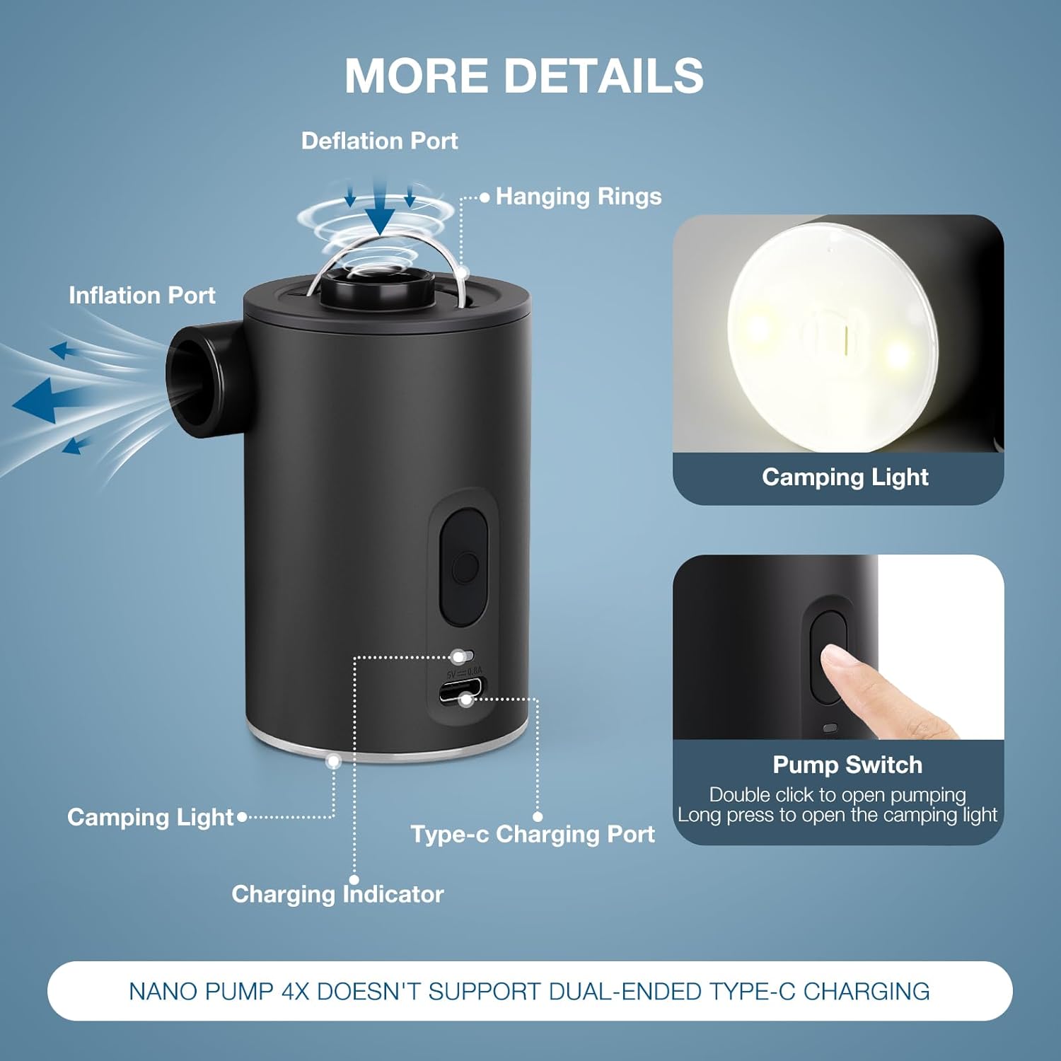Bomba de aire portátil para inflables, bomba de colchón de aire ultra mini 4X con luz de campamento, bomba de aire recargable USB para flotadores de