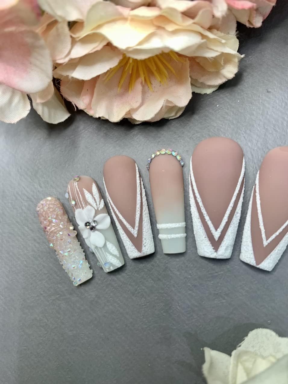 Press on Nail Handmade 3D FLowers Matte with Glitter & Rhinestones, Luxury Extra Long Ballerina Coffin Fake Nails, False Tips Artificial Finger
