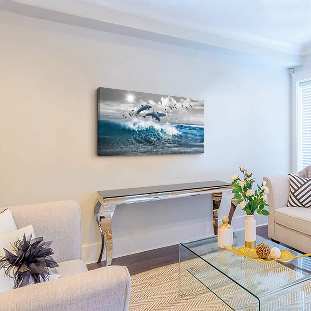Decoración de pared para sala de estar, lienzo de gran tamaño, arte de pared para dormitorio, olas azules del mar, ilustraciones de pared, arte