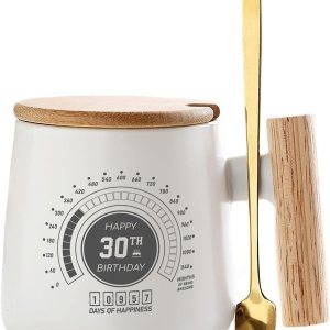 Taza de cerámica personalizada con mango de madera con tapa de bambú y cuchara de acero inoxidable, regalo de cumpleaños para esposa, marido, él, Taza de cerámica personalizada con mango de madera con tapa de bambú y cuchara de acero inoxidable, regalo de cumpleaños para esposa, marido, él,