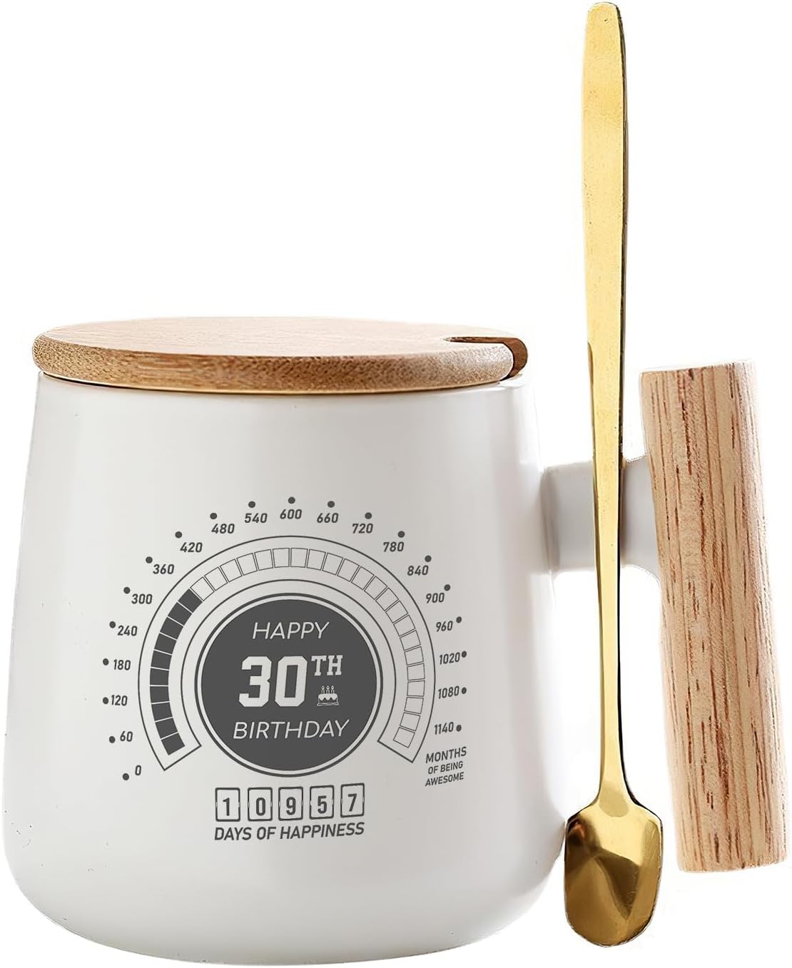 Taza de cerámica personalizada con mango de madera con tapa de bambú y cuchara de acero inoxidable, regalo de cumpleaños para esposa, marido, él,