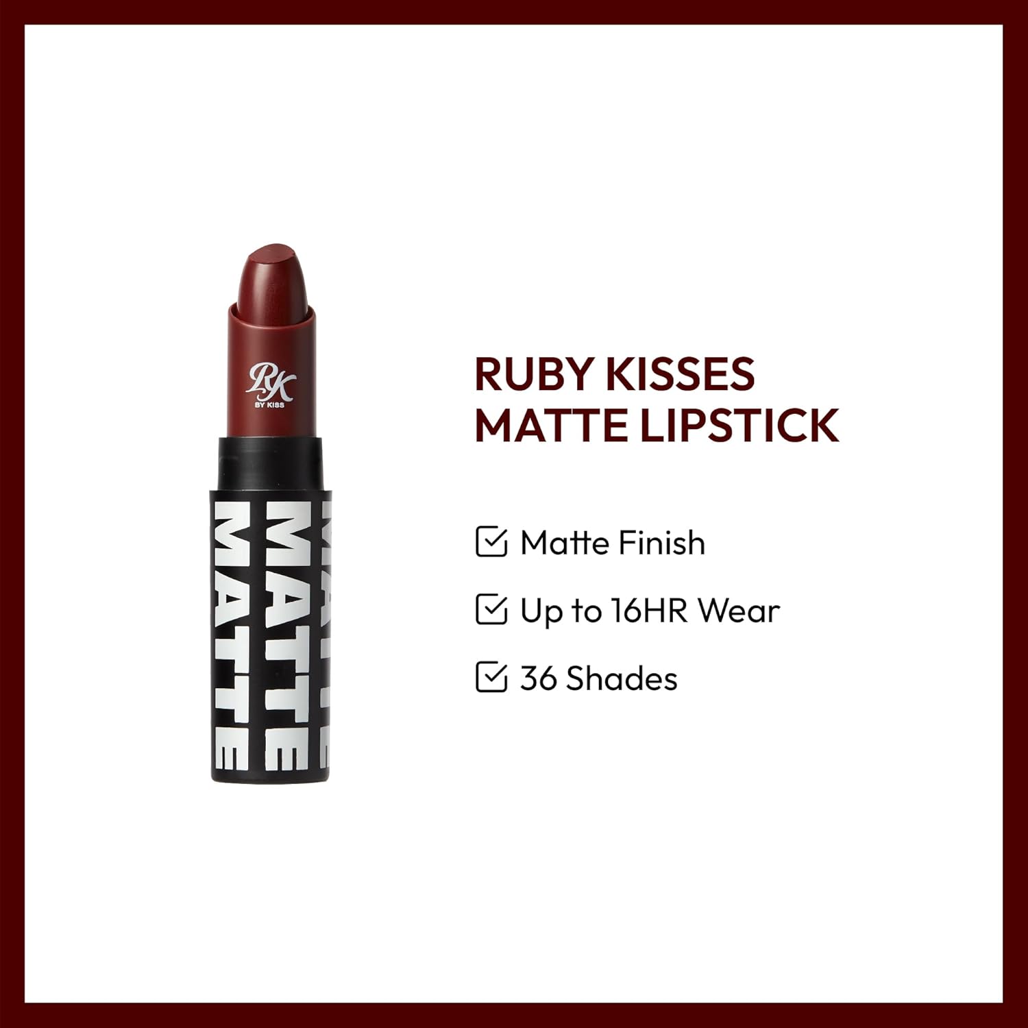 Ruby Kisses – Lápiz labial, acabado mate, de larga duración, altamente pigmentado, aplicación suave, cobertura completa, maquillaje de color de