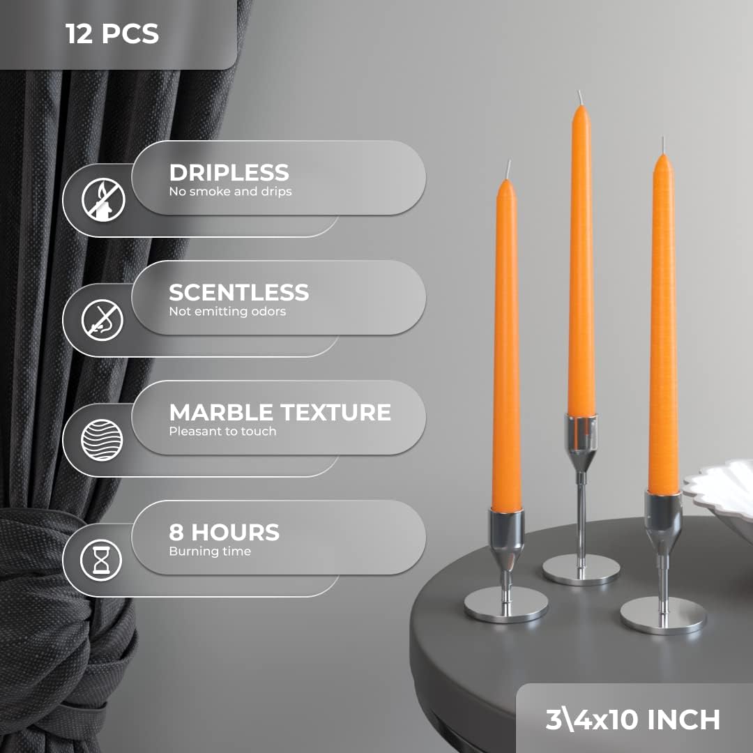 CANDWAX Juego de 12 velas cónicas de 10 pulgadas, velas altas sin perfume, velas cónicas color naranja, perfectas como velas para el hogar o velas