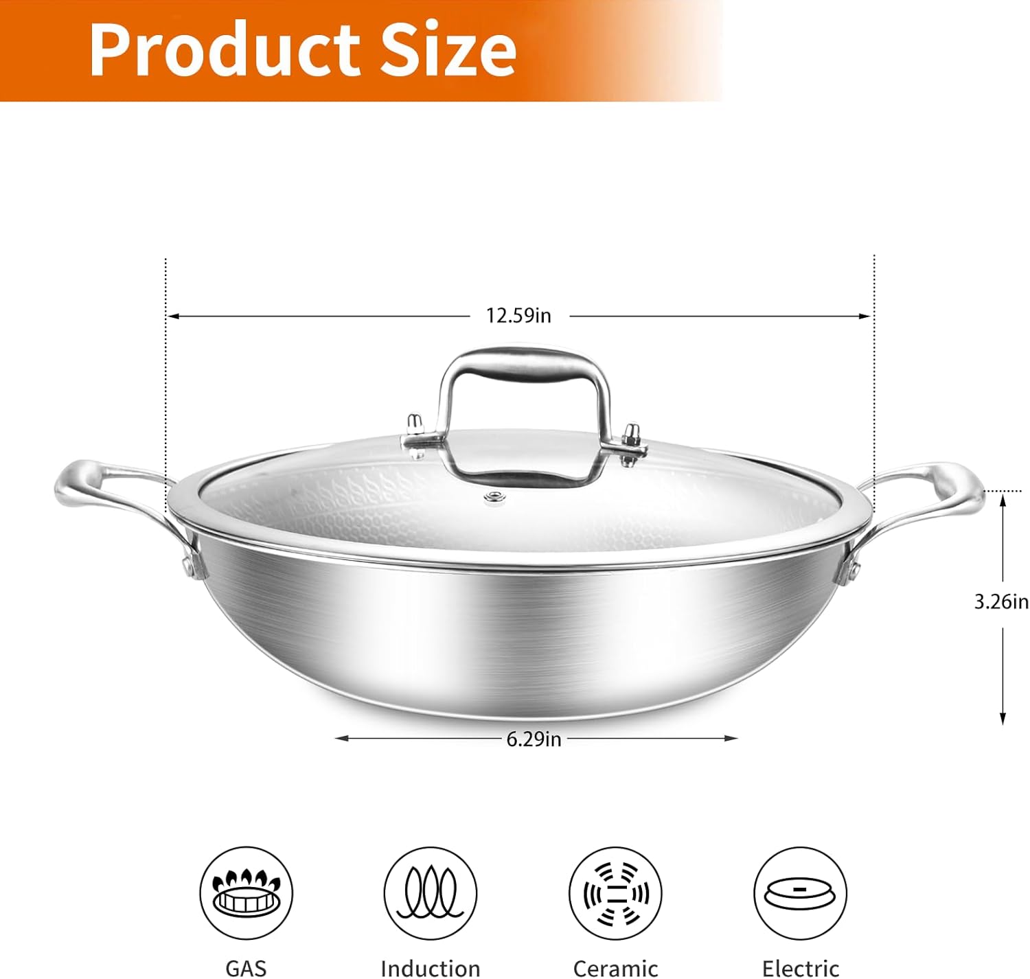 DELARLO Wok Pan de 12 pulgadas con tapa, acero inoxidable de tres capas, antiadherente, apto para horno hasta 600F, capacidad de 5 cuartos de galón,