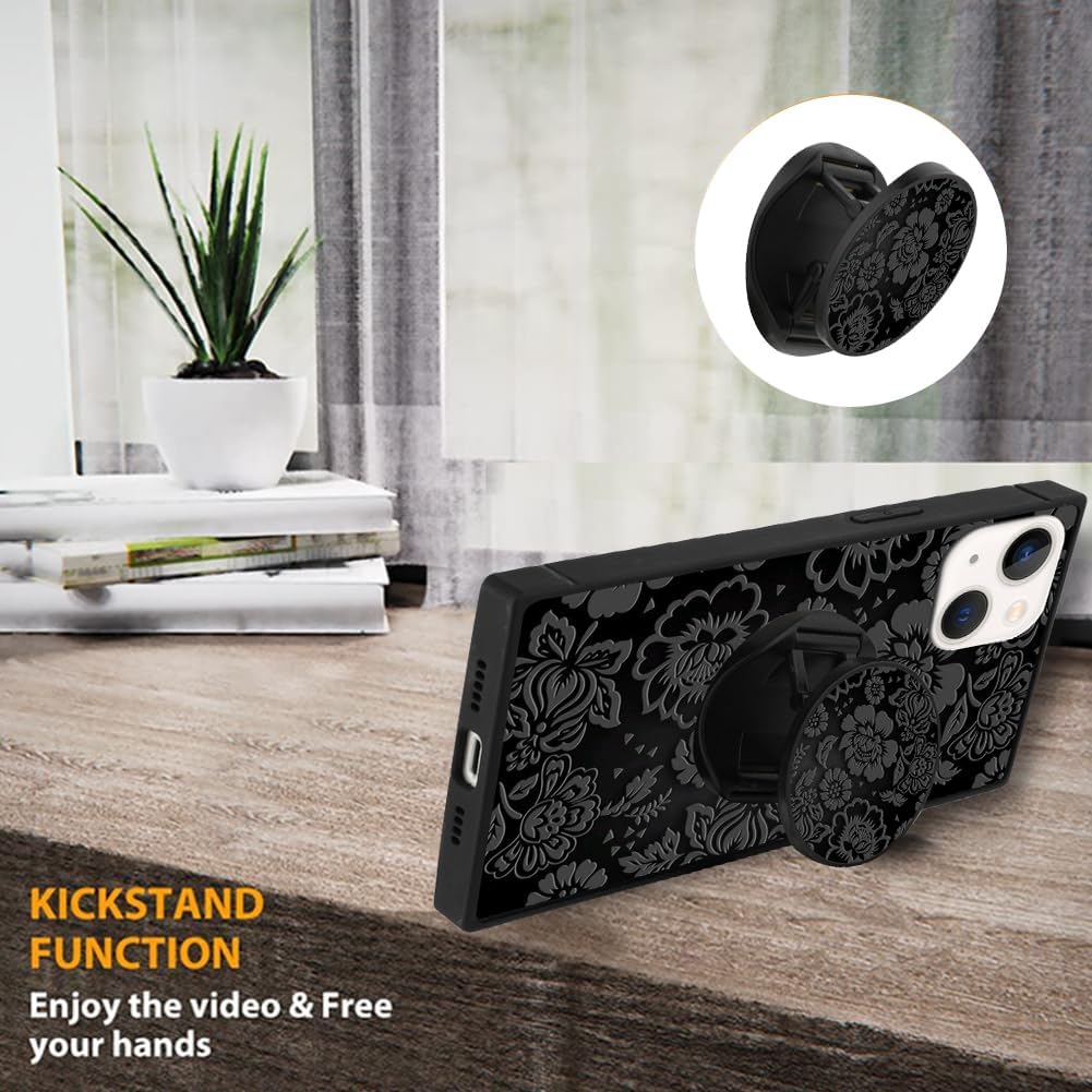 SAKUULO Funda para iPhone 13, protector de pantalla + soporte Bonito diseño de estampado de flores negras, protección de bordes de TPU suave,