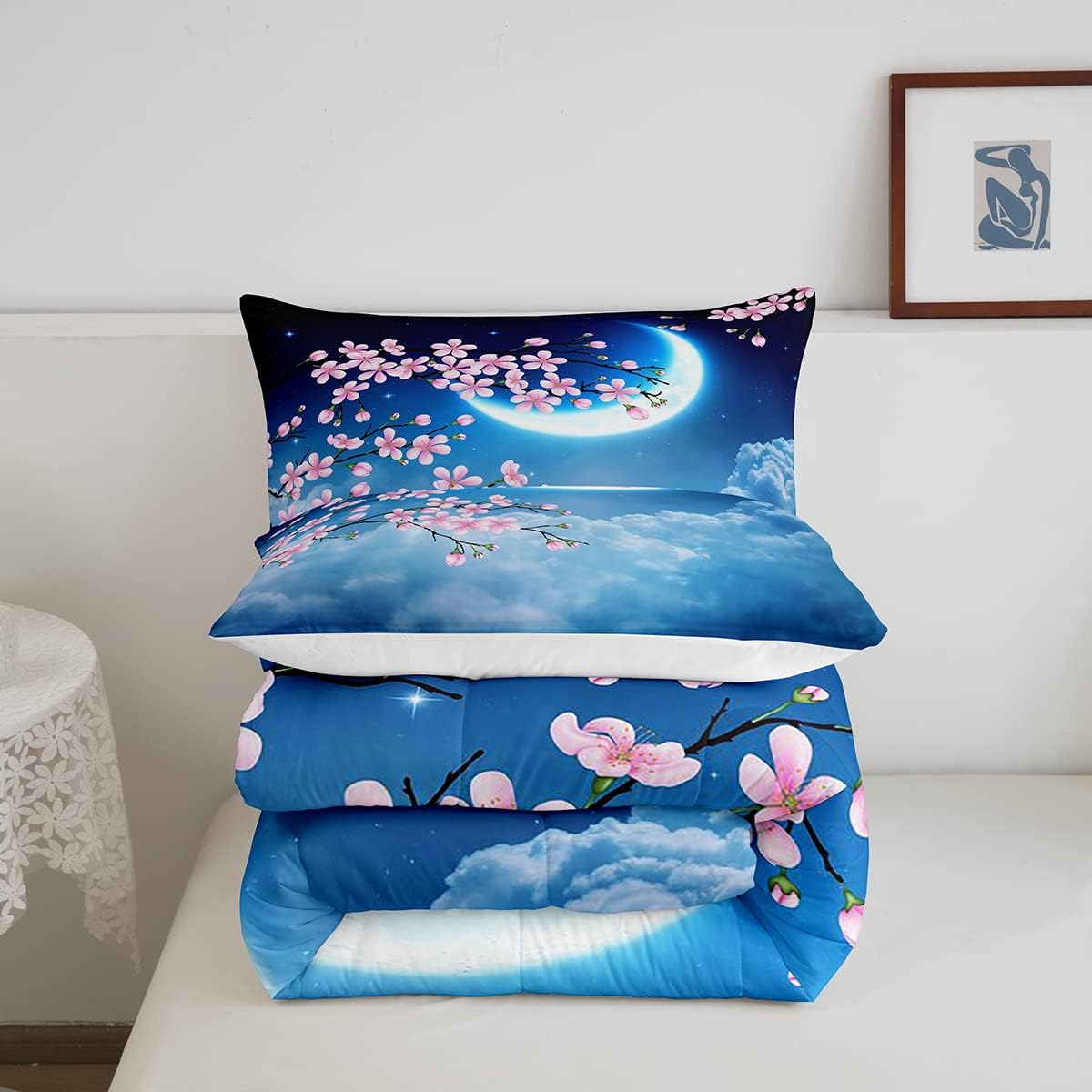 Castle Fairy Juego de edredón de flores rosadas, tamaño matrimonial, con estrellas, luna, cielo nocturno, galaxia, para niñas, mujeres, decoración