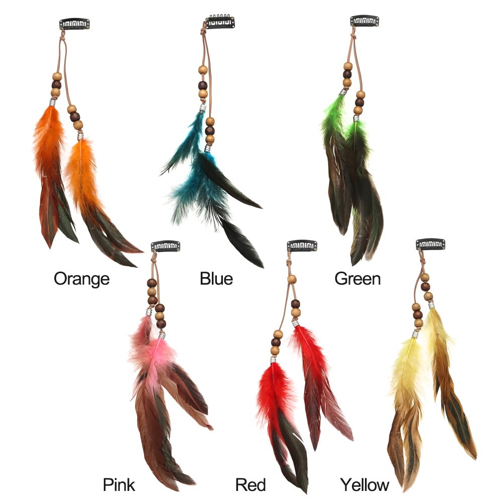 6 piezas de diadema con clip de plumas para mujeres y niñas, extensiones de pelo de colores bohemios, diadema hippie con borlas, banda para el