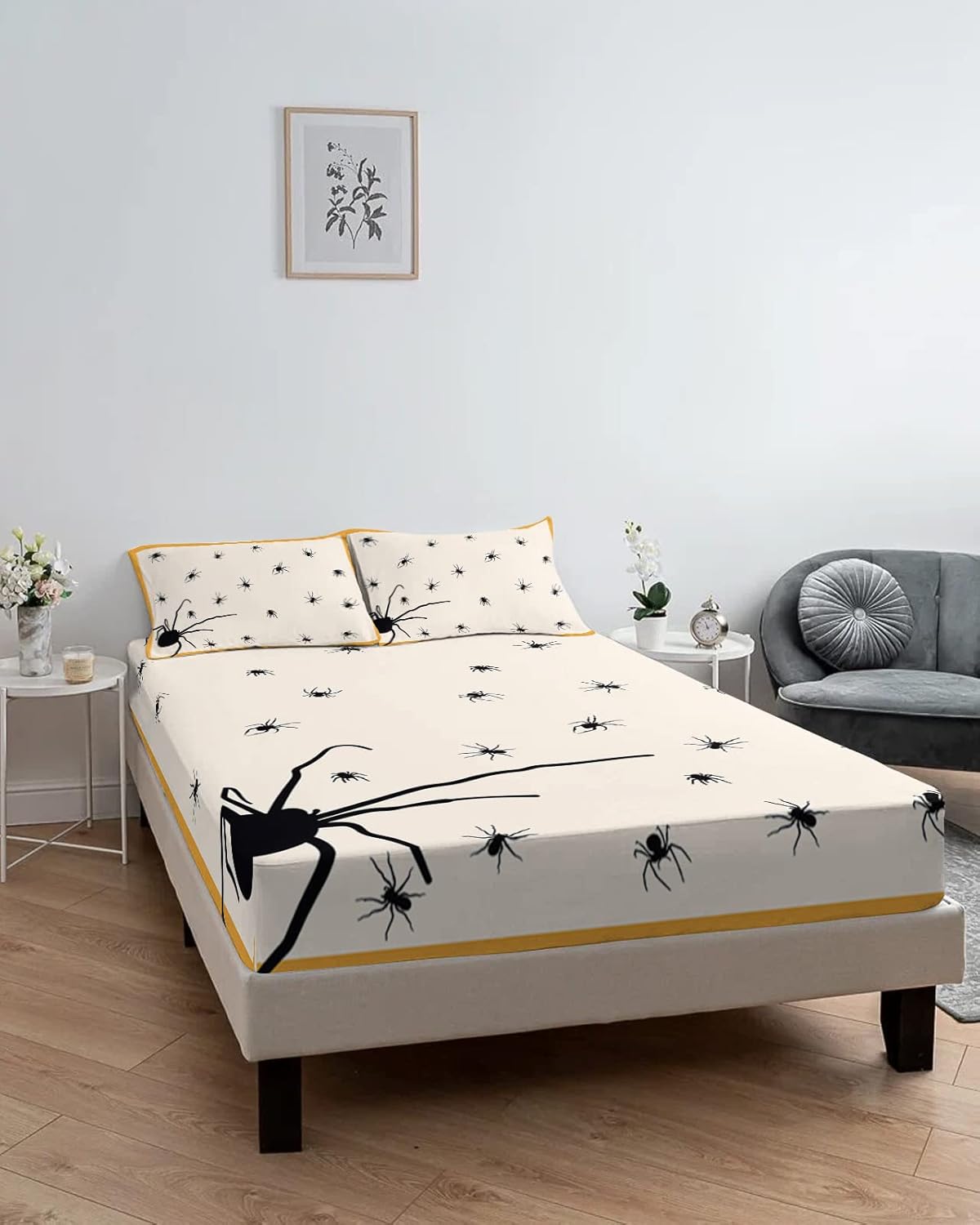 Juego de sábanas bajeras de 3 piezas con diseño de arañas aterradoras con temática de Halloween para cama tamaño Queen, sábana de bolsillo profundo