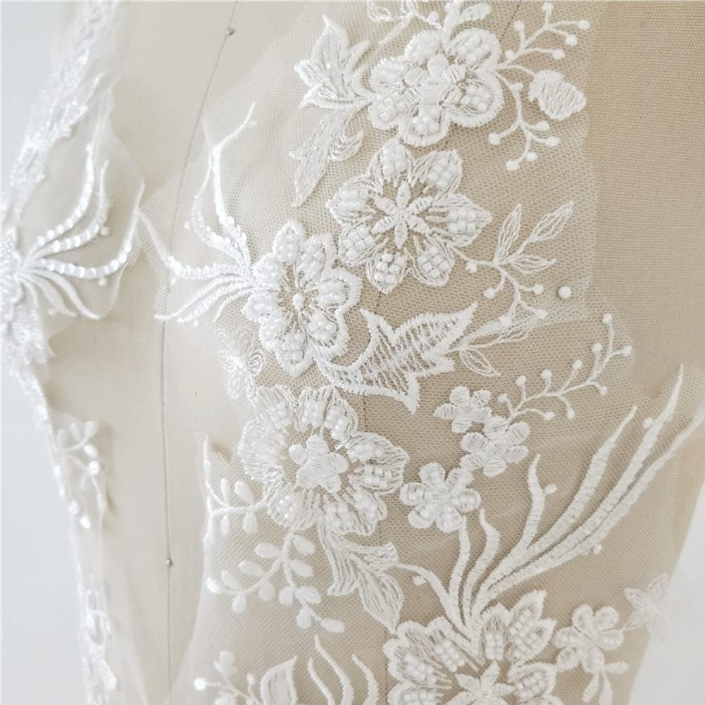 Bordado de flores 3D con ribete de encaje, cuentas de lentejuelas blancas, parches bordados florales para coser en apliques para vestido de novia,