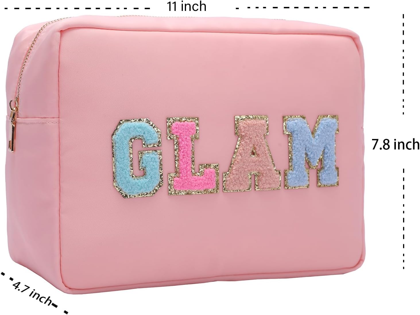 Preppy Patch – Bolsas de maquillaje con letras con purpurina, bolsa de cosméticos de viaje, bolsa de nailon impermeable para mujeres y niñas,
