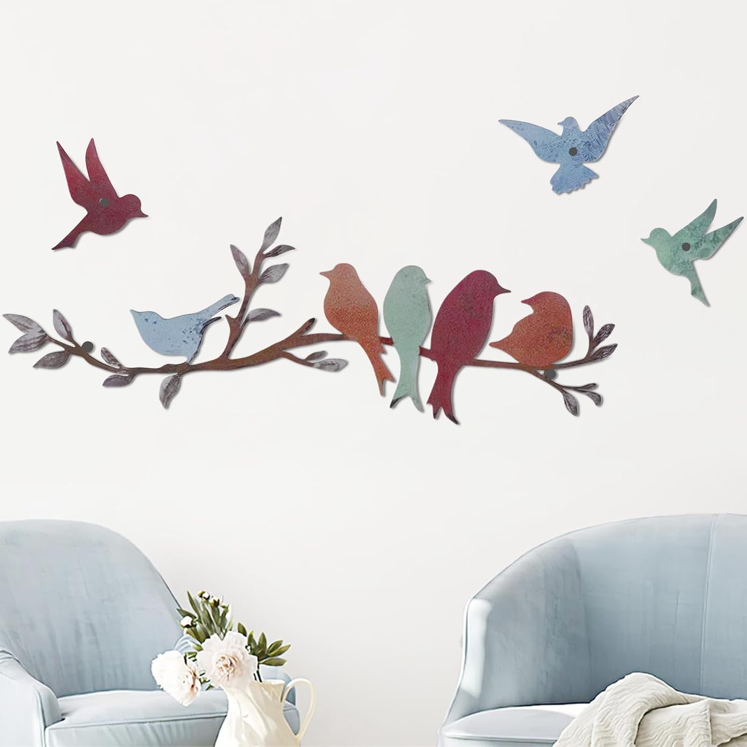 Anjetan Arte de pared de metal vívido pájaro en rama de árbol, decoración de pared de pájaro en hojas, escultura de sala de estar, jardín balcón