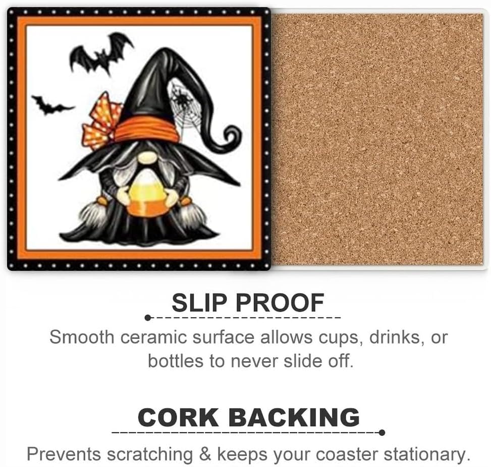 HUXJOKO Juego de 6 posavasos para bebidas, divertido posavasos de cerámica absorbente de calabaza de Halloween, tapete redondo de piedra, con base
