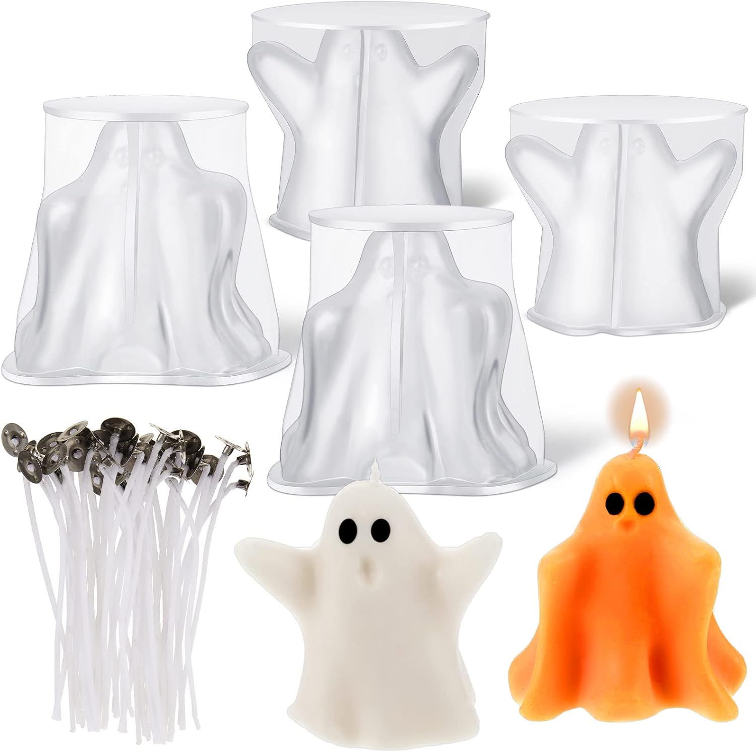 Moldes de vela de fantasma de Halloween para hacer velas, moldes de silicona en forma de fantasma 3D con mechas de vela, jabón de cera, molde de