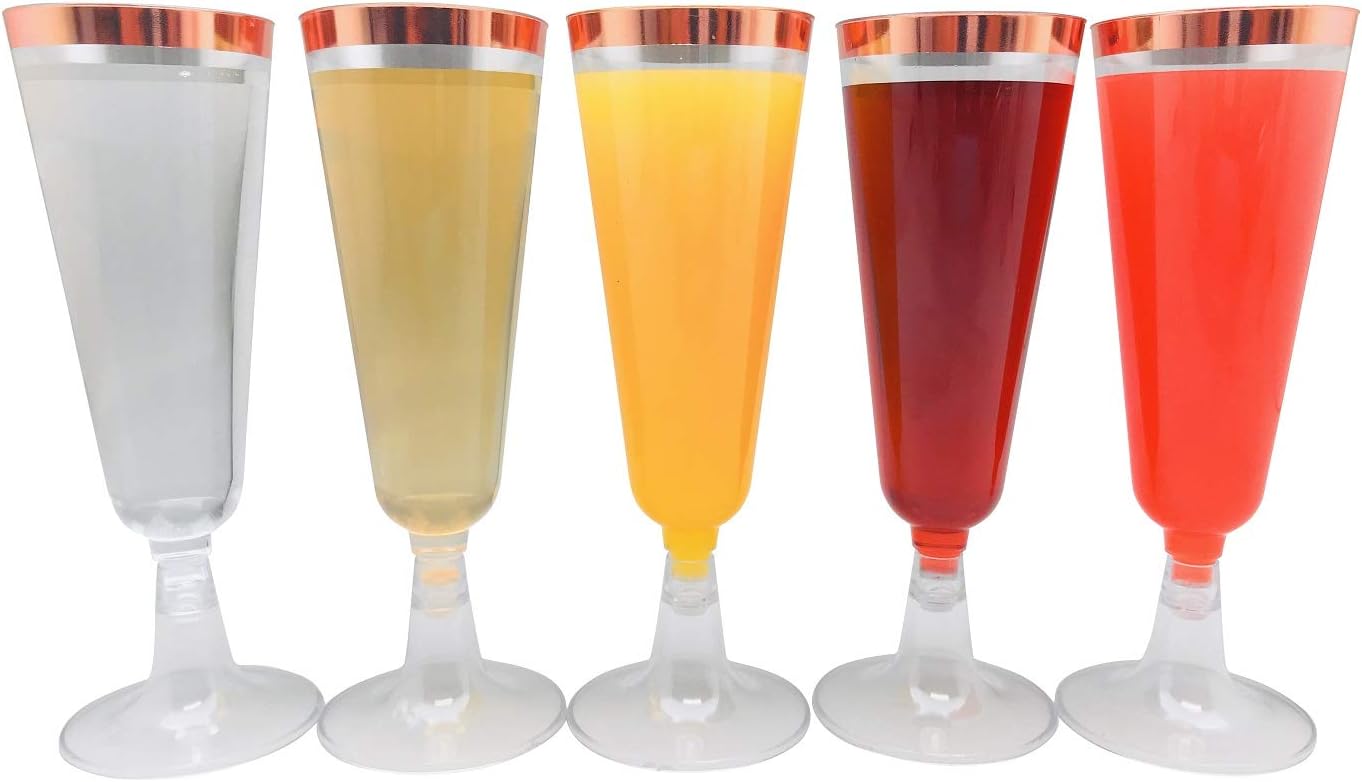 Oojami Copas clásicas de plástico con purpurina, 70 unidades, con forma de champán, bodas, fiestas, tostadas, copas de cóctel (borde dorado rosa)