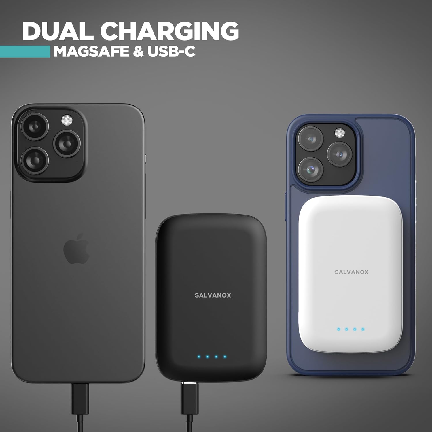 GALVANOX MAG 5.0 Baterías magnéticas (paquete de 2) compatibles con MagSafe para iPhone 5000 mAh Cargador de batería portátil inalámbrico USB-C de