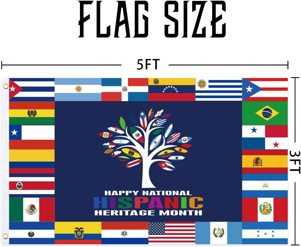 Bandera de árbol de 3 x 5 pies, bandera nacional del mes de la herencia hispana con ojales de latón para jardín al aire libre, césped, patio,