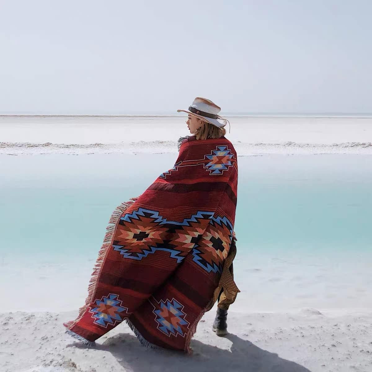 CCHYF Manta azteca roja de nativos americanos, decoración bohemia del suroeste, reversible, con borlas tejidas, mantas y mantas mexicanas para sofá,