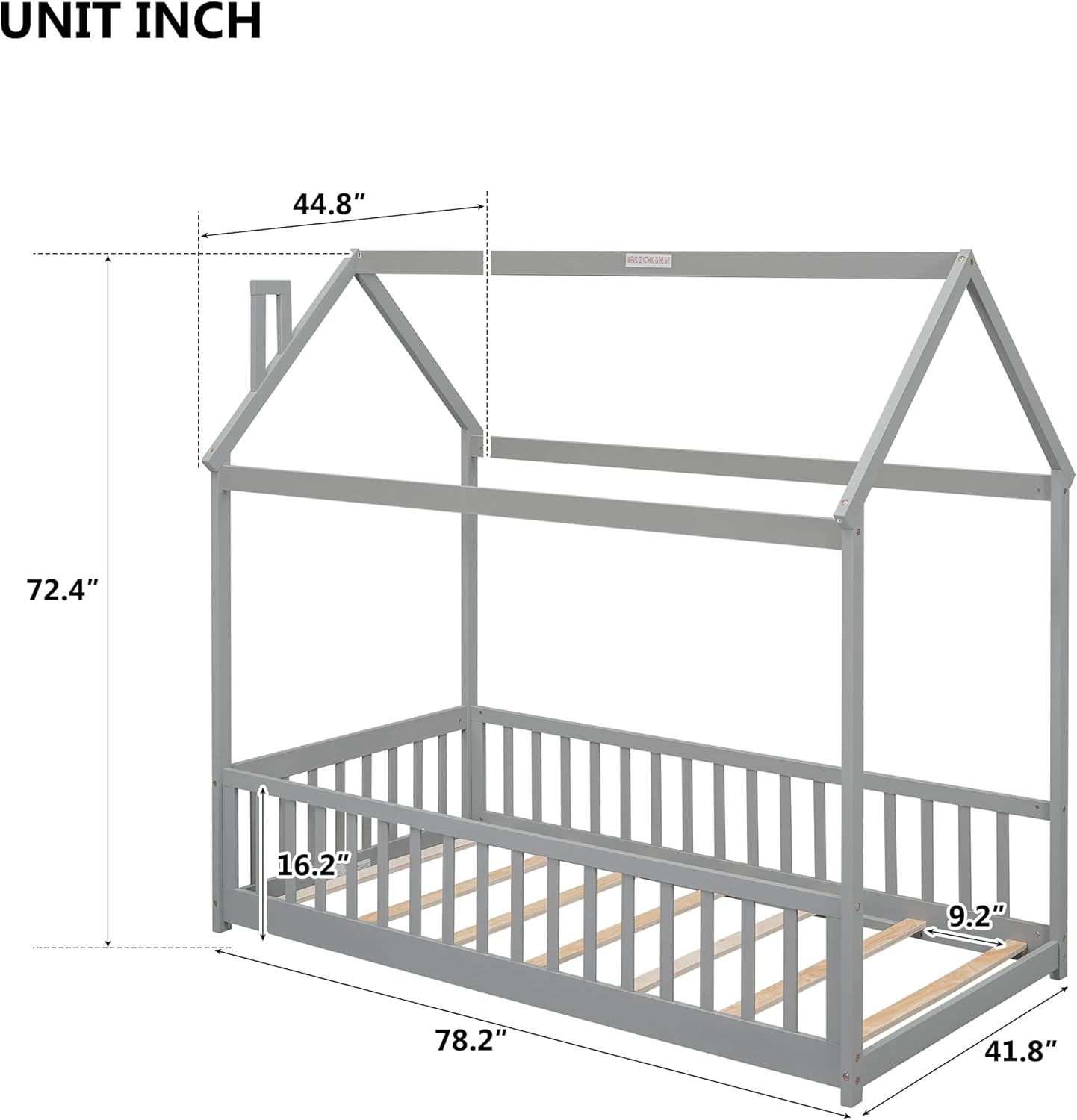 CITYLIGHT Base de cama de suelo de tamaño individual para niños, cama Montessori de madera con rieles y listones en forma de valla, cama individual