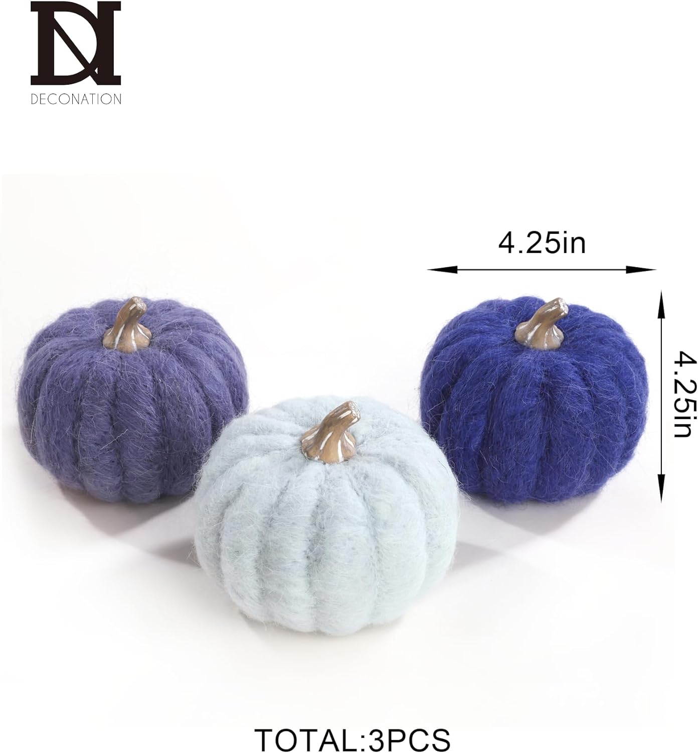 DN DECONATION 3 calabazas decorativas de calabaza, calabazas de lana azul marino para decoración, calabaza de tela pequeña como centro de mesa para