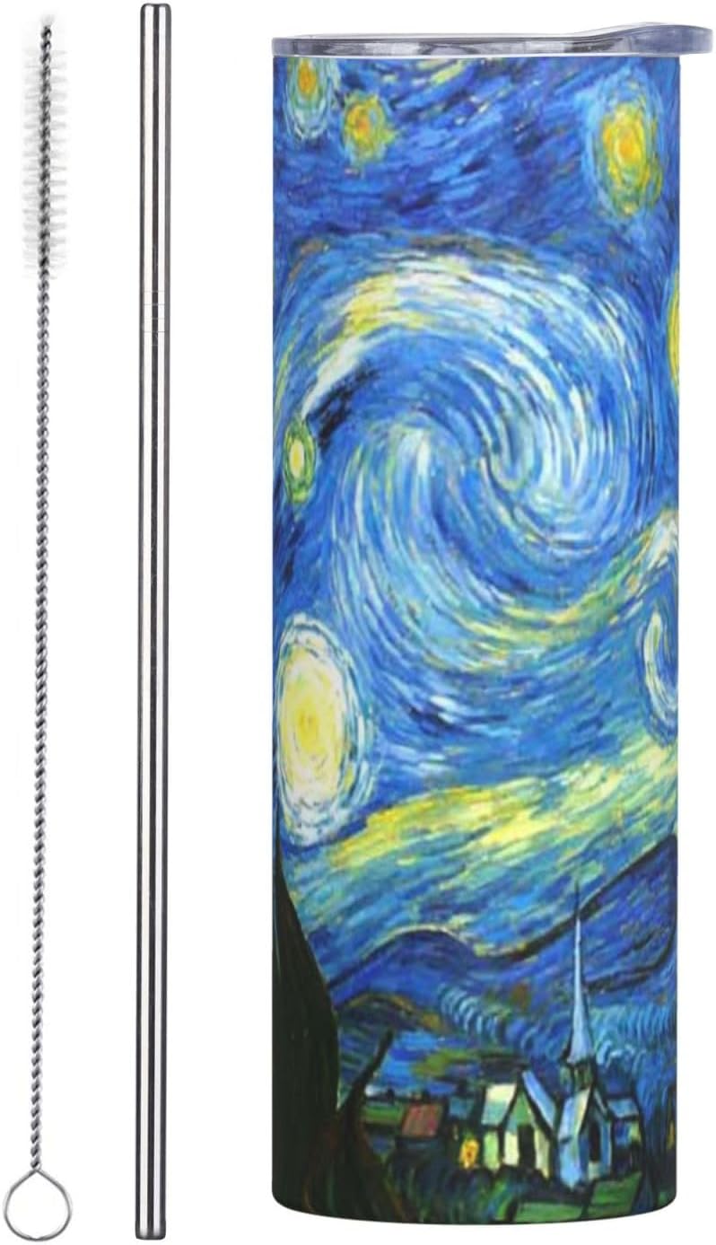 Van Gogh’s Starry – Vaso aislado de acero inoxidable de 20 onzas, taza de café estilo cielo con tapa a prueba de salpicaduras y popote para hombres,