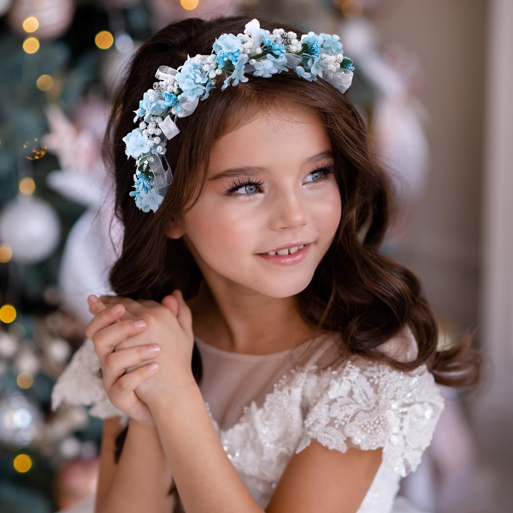 Campsis Diadema de flores para niñas, accesorios para el cabello de comunión de perlas para niñas, de cristal, fotografía de cumpleaños, banda para