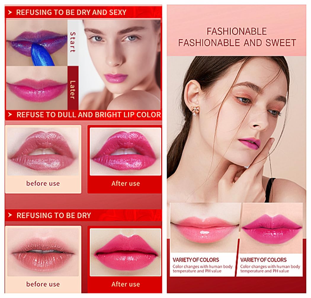 Go Ho Lápiz labial Blue Magic, lápiz labial que cambia de color, brillo labial brillante, lápiz labial rosa, brillo labial hidratante de larga
