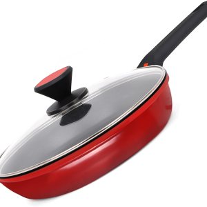 DIIG Sartén antiadherente con tapa de vidrio de 11 pulgadas, sartén sin varillas de grado alimenticio, inducción de sartén roja y negra, estufa de DIIG Sartén antiadherente con tapa de vidrio de 11 pulgadas, sartén sin varillas de grado alimenticio, inducción de sartén roja y negra, estufa de